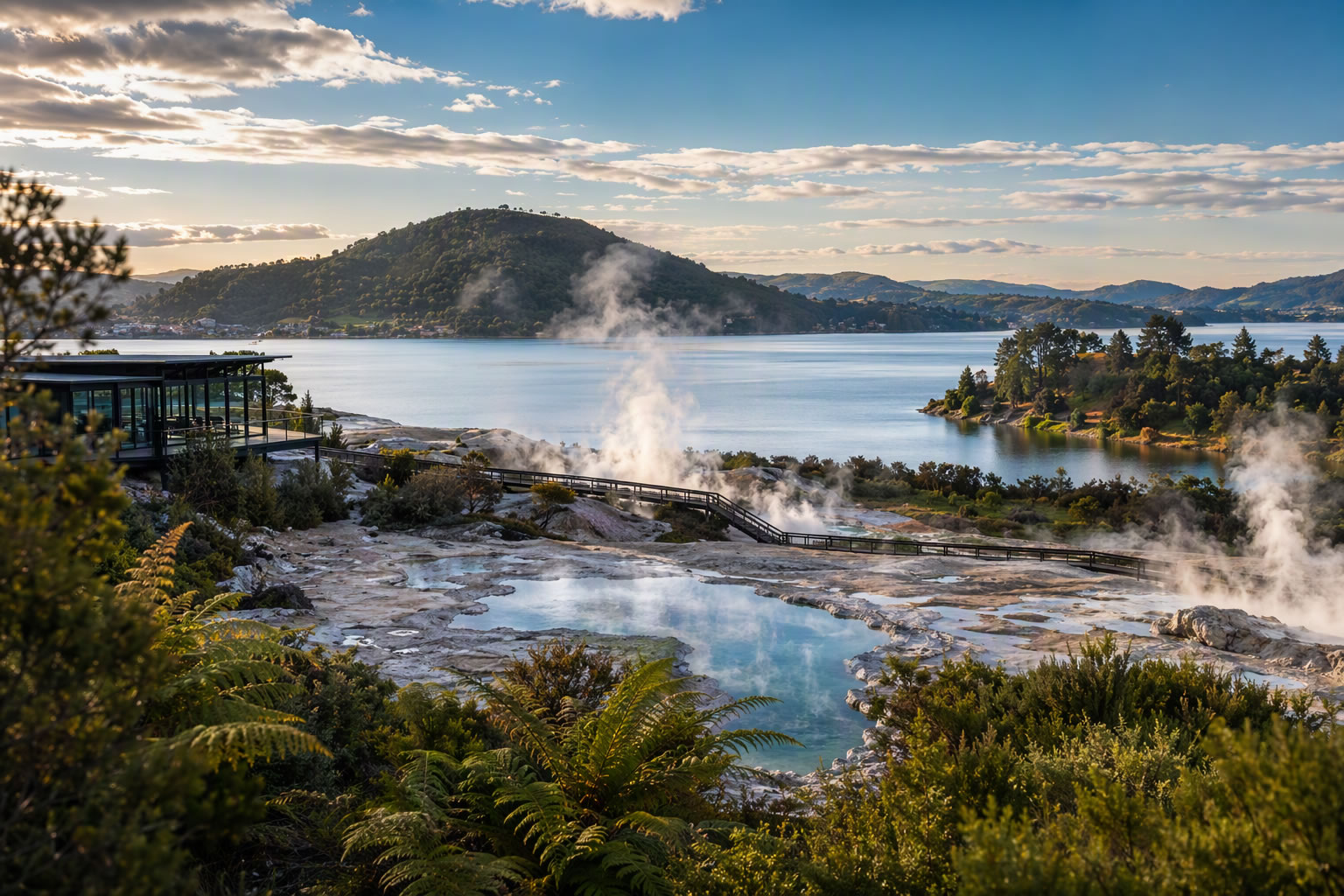 Rotorua geothermal landscape and lake view