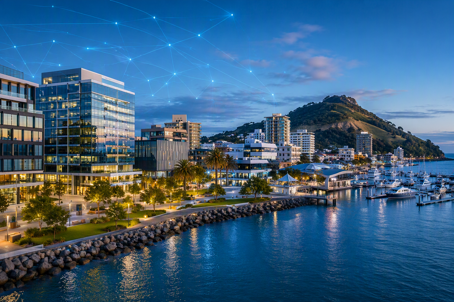 Tauranga harbour and business district view